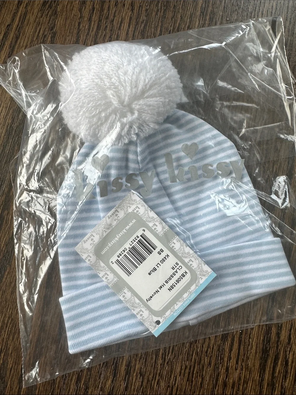 Kissy Kissy Light Blue & White Stripe Pom Hat NWT unopened size small